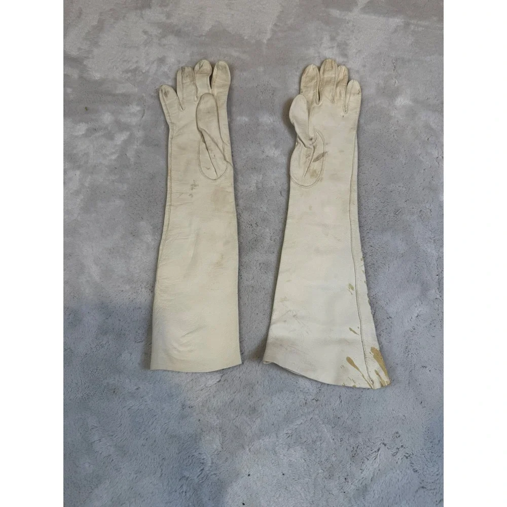 Vintage‎ Cream Leather Opera Gloves Long Evening Formal Costume Distressed